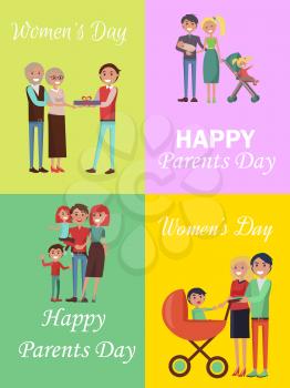 Set of congratulation cards for Women s and Parents Days. Vector illustration of happy families celebrating these holidays
