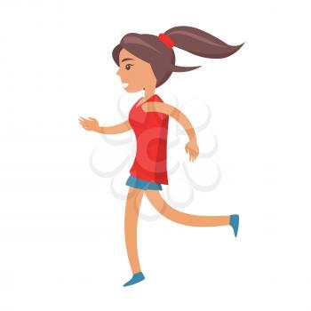Cartoon girl with ponytail in red shirt, blue shirt and sneakers jogs to improve physical shape isolated vector illustration on white background.