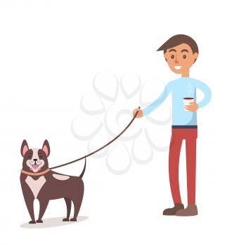 Boy in blue sweater and red trousers with hot coffee in paper cup walks with dog on leash isolated vector illustration on white background.