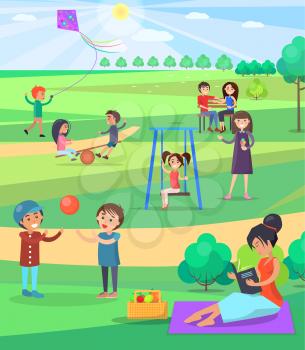 People spending free time outdoor in park colorful flat poster. Active playing children and relaxing adults in summer time template