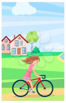Little girl riding bike outdoors in summer time with residential buildings on background. Vector illustration of active female child spending holidays