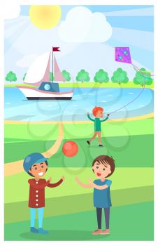 Two happy children playing ball and boy flying kite on background near lake with floating yacht. Summer time active relaxation outdoors