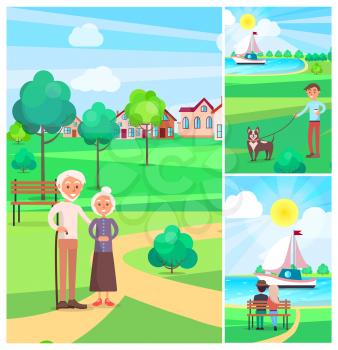Happy senior couple spending time outdoors in park vector poster with small images of people sitting in bench and boy walking dog.