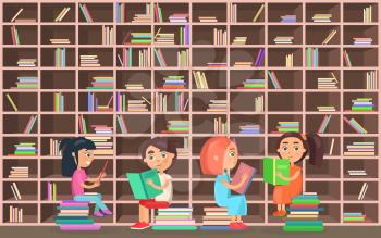 Little girls and boys stand and sit beside huge bookcase full of books with colorful covers in library and read vector illustration.