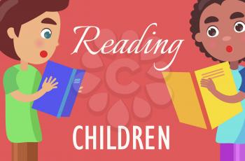 Reading for children poster with young boys in T-shirts who read books with high interest on red background vector illustration.