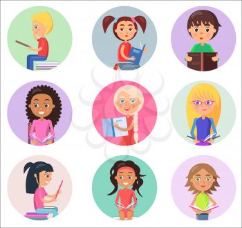 Nine reading children holding open schoolbooks in round color icons isolated on white vector illustrations in cartoon style
