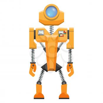 Yellow robot with springs on arms and legs and helmet with circular window vector illustration isolated on white background.