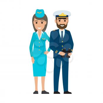 Vector illustration of professions stewardess and sea captain isolated on white. Air hostess in uniform and mariner with binocular.