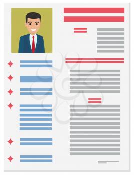 Resume with detailed information about executive manager in suit vector illustration. Job application form of businessman