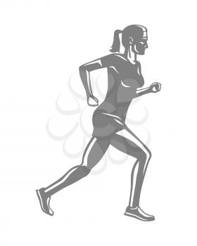 Silhouette of sportive running woman on white. Logo design vector illustration of fast female person in speed motion. Colourless icon of movement for sport lifestyle in cartoon style flat design
