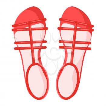 Pair of red female sandals isolated on white background. Vector illustration of casual women s shoes for comfortable looks. Fashionable shoes on low sole. Trendy shoes for hot summer season.