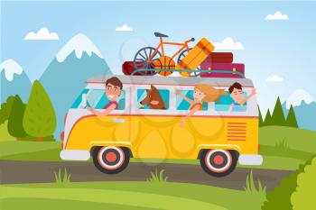 Family that goes on vacation at countryside in van full of baggage and with small basketball, compact bicycle and dog vector illustration.