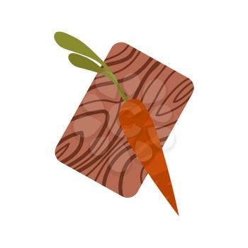 Dark orange carrot with green tops on wooden chopping board on white background. Vector illustration of close-up vegetarian food cartoon style.