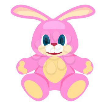 Adorable pink big soft bunny with blue eyes and red nose isolated on white background. Cute fluffy toy rabbit vector illustration.