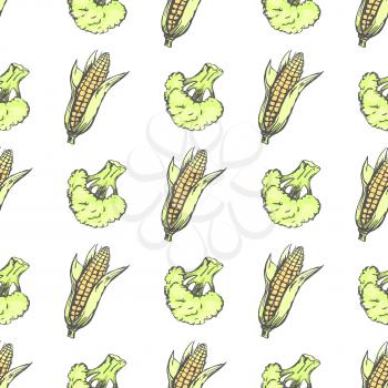 Corn cobs and broccoli isolated on white decorative wrapping paper vector illustration in graphic design seamless pattern. Agricultural template poster