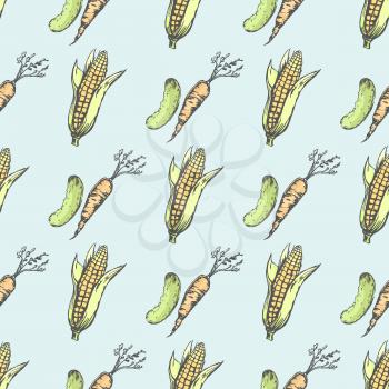 Ripe cucumber, crispy carrot and sweet corn cob inside seamless pattern. Vegetables from farm formed vector illustrations on endless texture.