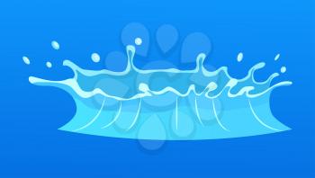 Aqueous stream with splashes of crystal aqua. Geyser flow of water from under earth isolated on blue. Vector illustration of hot spring in flat design cartoon style, decor element for web interface