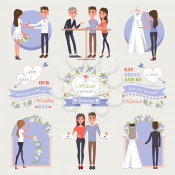 Romantic proposal, rings choice, white gown try-on, room decoration, invitation sending and marriage ceremony vector illustrations set.