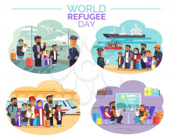 World Refugee Day promotional poster with cartoon characters at airport, sea port, railway station and inside train vector illustrations.