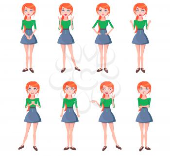 Set of emotions of red-haired girl full-length with blue eyes on white background. Woman dressed in green blouse and blue skirt. Vector illustration of woman expression flat design cartoon style.