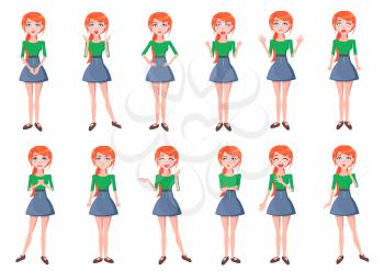 Woman positive and negative emotions set. Beautiful redhead female characters with various face expressions standing in different poses isolated flat vector. Emotional young girl cartoon illustrations
