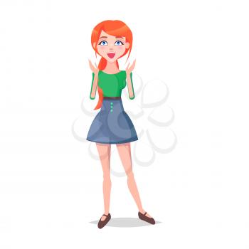 Laughing woman with closed eyes and open mouth isolated on white background. Redhead girl avatar userpic in flat style design. Vector illustration of glad human in green blouse and blue skirt