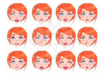 Set of female emotions of red-haired girl with blue eyes on white background. Vector illustration of facial expression happy angry comic cute and other in cartoon style. Girl avatars flat design.