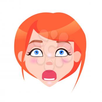 Woman astonished face with wide open mouth, pink cheeks and raised eyebrows isolated on white background. Redhead girl s surprised and bit scared face. Vector illustration of strong human emotion.