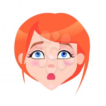 Woman surprised face with pink cheeks and wide open mouth isolated on white background. Redhead girl avatar userpic in flat style design. Vector illustration of amazed human emotion close up portrait