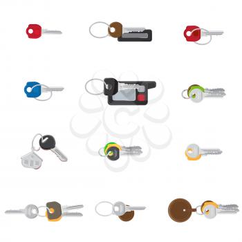 Big keys set vector illustration of different color shape with keyfobs and keychain. Single keys from dwelling, bunches of keys and two car keys isolated on white background in cartoon style