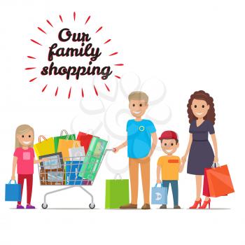 Family making holiday purchases. Pleased parents with daughter and son standing with bought goods in trolley flat vector isolated on white. Happy customers illustration for shopping and sale concepts