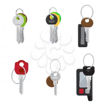Set of modern door and car keys with trinket on keyring and remote alarm flat vectors isolated on white background. House and vehicle keys illustrations collection for real estate and auto concepts