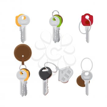 Set of modern door keys on keyring with trinkets flat design vectors isolated on white background. House colorful keys illustrations collection for real estate and security access concepts