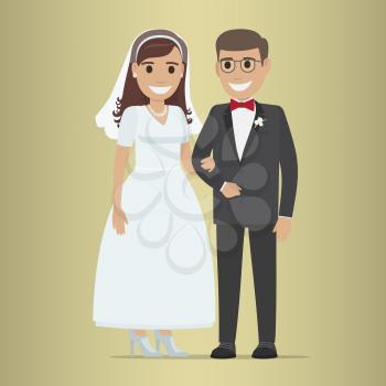 Wedding day web banner of newlyweds couple. Beautiful young newly-married groom and bride isolated. Love people and wedding. Ceremony where two people united in marriage vector illustration