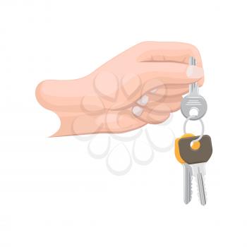 Human arm holds bunch of three keys on white background. Cartoon arm presents keys from apartment, house or hotel room to someone. Illustration of real estate deal isolated vector in flat style