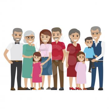 Multi-generation family colourful photo on white. Smiling small daughters, little son on grandfather s hands, young mother and father near their parents. Vector illustration of gathered family