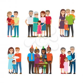 Set of happy families group portraits. Smiling father and mother standing with children, grandparents and celebrating kids birthday with friends isolated flat vector. Happy relatives illustrations
