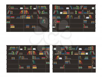 Set of bookshelves filled with books. Classic bookcases with stacks and rows colorful books flat vector isolated on white background. Home library illustration for educational concepts design