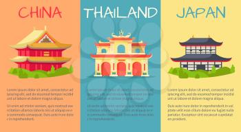 China, Thailand and Japan buildings web banner with yellow, blue and orange backgrounds. Vector colourful poster of traditional symbolic constructions and space with information text underneath