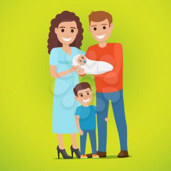Young married smiling couple holds newborn in white clothing and hilarious little boy stands near, hugging father s leg. Vector illustration of happy family day concept on greenish background.