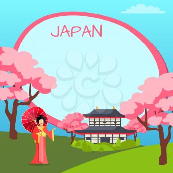 Japan vector poster with oriental elements and oval empty shape for notes. Tag with inscription in center of picture, woman in japanese clothes with umbrella, national building and sakura below