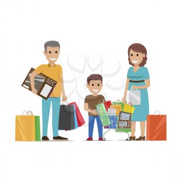 Family making holiday purchases. Pleased parents with son standing with bought goods in paper bags and trolley flat vector isolated on white. Happy customers illustration for shopping and sale concept