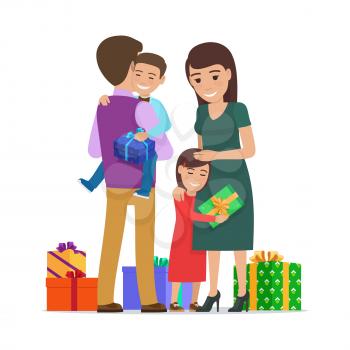 Smiling small boy holding gift box sits on father s hands and present boxes on floor. Girl hugging her mother. Vector illustration of child getting present from parent on holidays. Happy life moments.