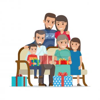 Family gathered together and holding present boxes. Vector illustration of children with grandmother and uncle sitting on sofa with gifts and mother with father behind. Holiday present concept