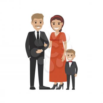 Married couple in expensive cloth and their little son. Family going to visit party. Smiling parents and boy isolated. Man woman and child on white. Parenthood concept vector illustration in flat