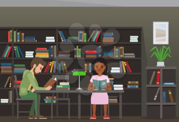 People reading textbooks in library interior with bookshelves. Man and woman seating at the table with open book in hand flat vector. Enthusiastic readers illustration for educational, hobby concepts