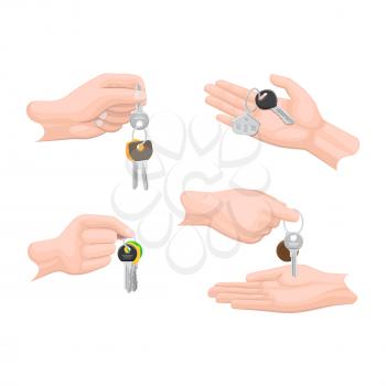 Hands passing keys to another human arms set on white. Buying or selling commercial process of houses and other things. Vector flat collection of human fingers holding and passing keys with keys rings