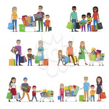 Family out on shopping. International characters with trolley carts, boxes or bags, African and European family, grandparents kids Spending free time together. Cartoon people vector illustration.