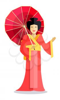 Isolated standing chinese woman holds red umbrella and waves. Smiling female person with dark collected hair and in traditional oriental reddish with yellow dress. Vector illustration of chinese woman