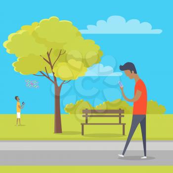 Boy looks at smartphone and walks in park where other guy plays with quadrocopter. Green tree, wooden bench, bushes and clouds on background. Vector illustration of modern outdoor recreation.